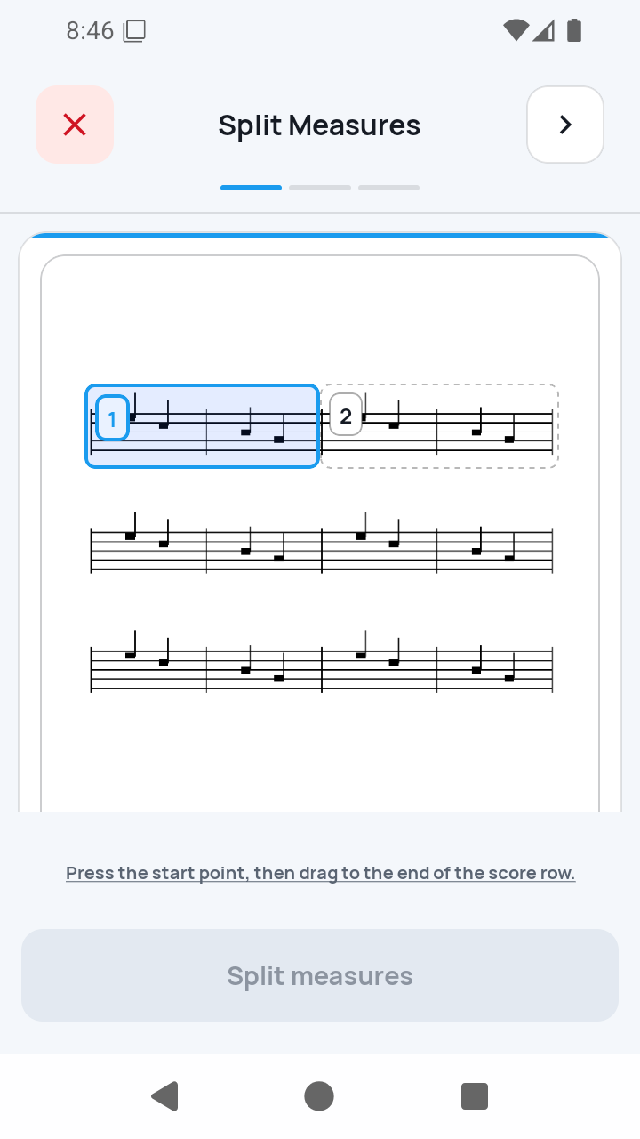 SheetCue measure editor showing three numbered measure regions on a score
