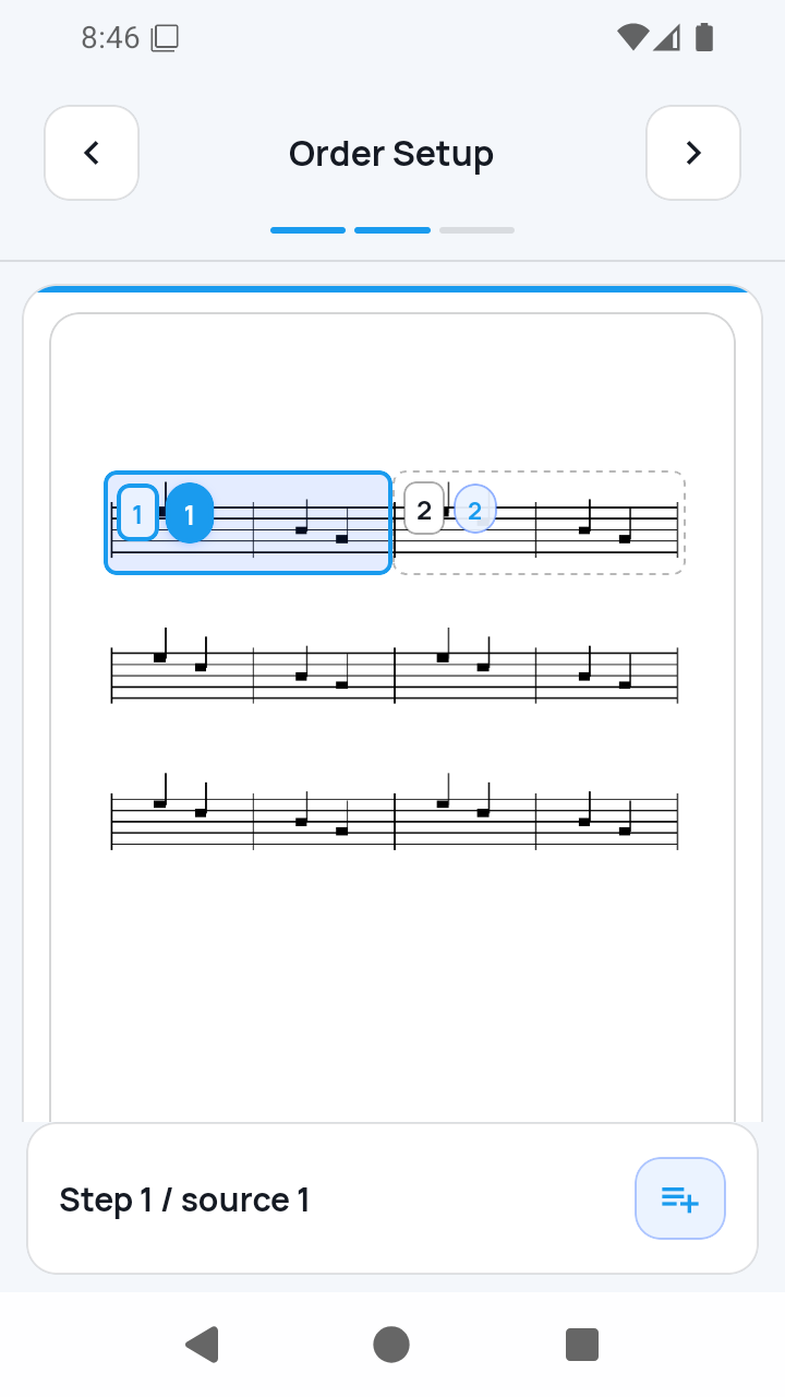 SheetCue import setup step 2 of 3 showing numbered measures in Order Setup