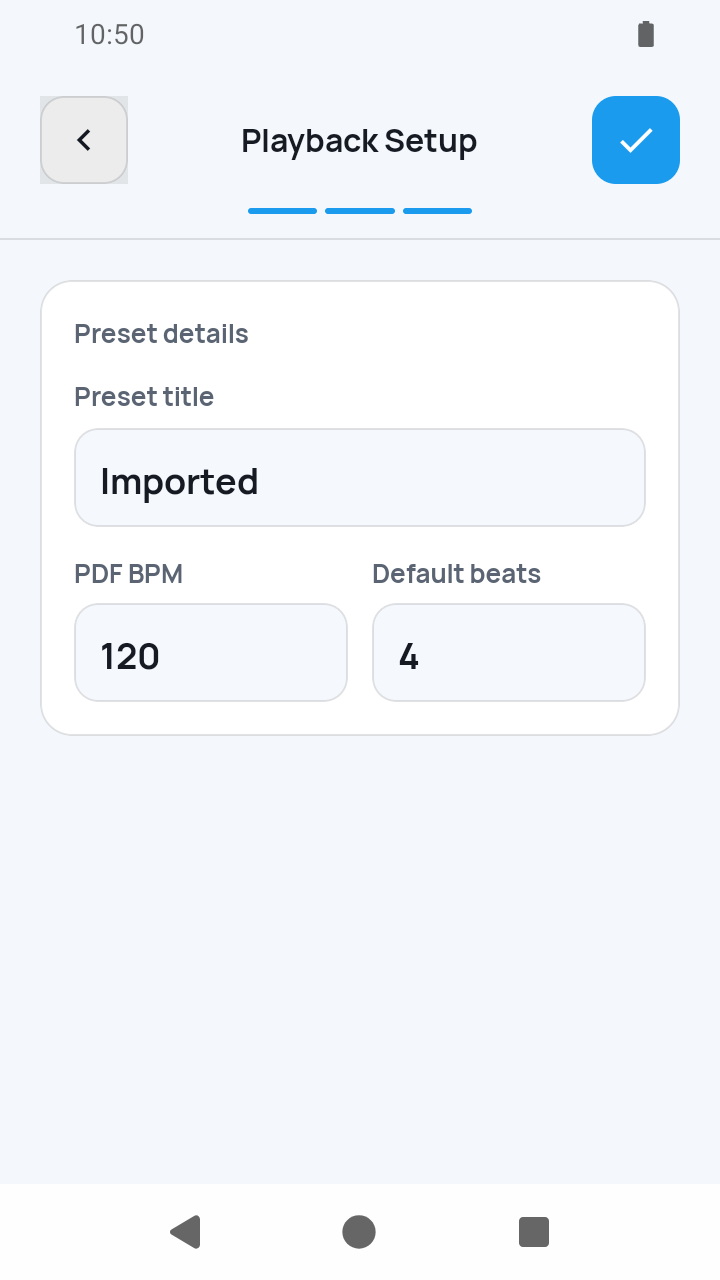 SheetCue import setup step 3 of 3 showing preset title, PDF BPM, and Default beats