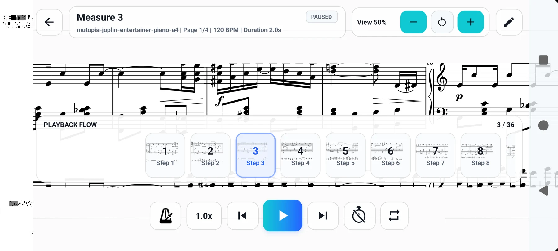 Sketch of importing a score PDF, editing measure boxes, and rehearsing from playback cues