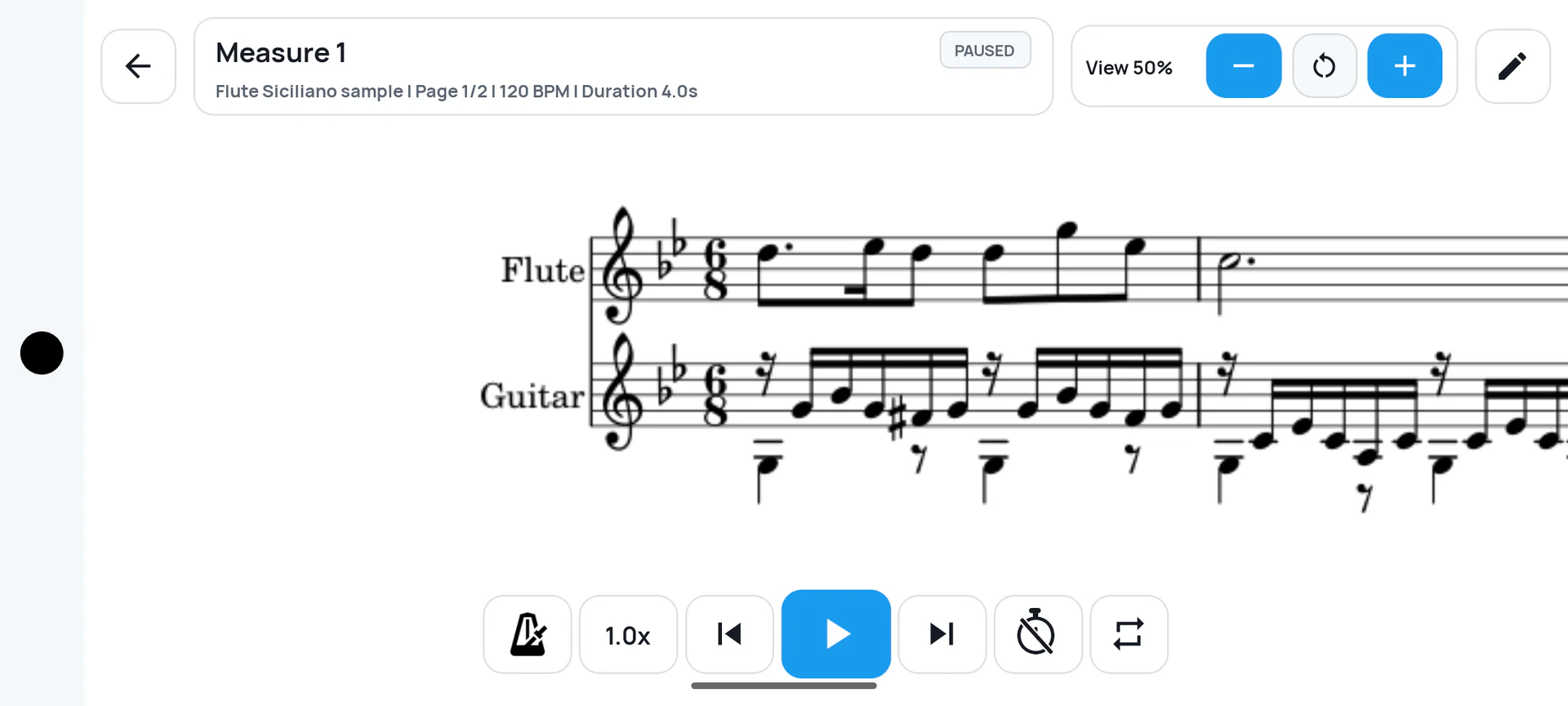 SheetCue playing a score measure by measure with playback and practice controls